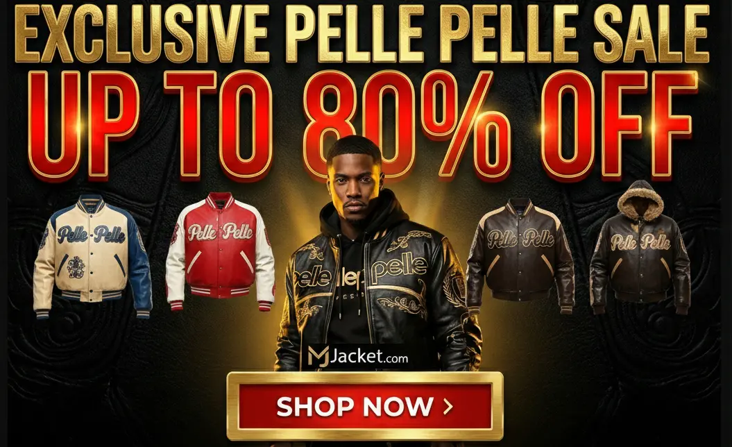 Pelle Pelle leather jackets mega sale banner – up to 80% off luxury men’s and women’s jackets at MJacket.com