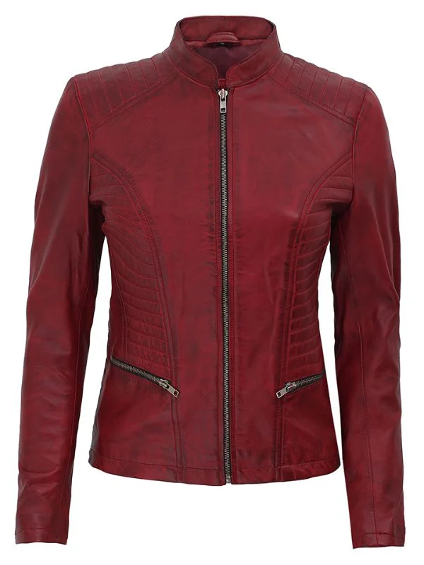 Womens Slim Fit Maroon Leather Moto Jacket