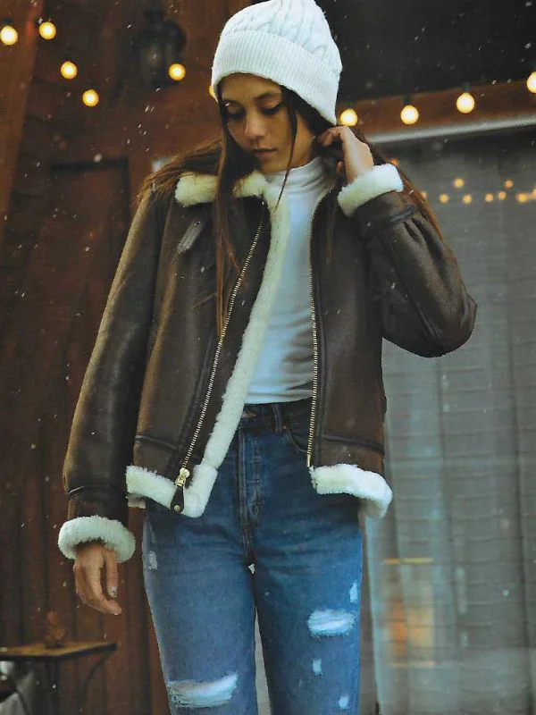 Shop B-3 Sheepskin Women Bomber Brown Leather Jacket - Mjacket.com