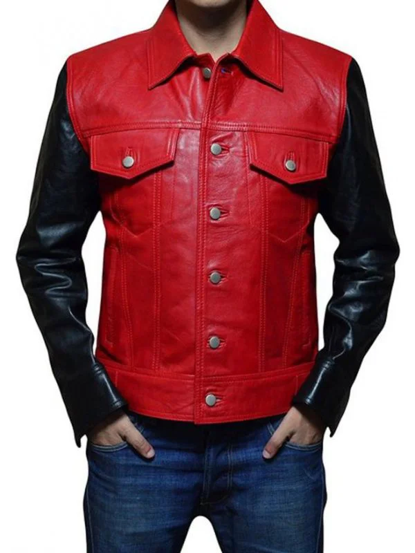 Famous Singer Justin Bieber Red and Black Leather Jacket