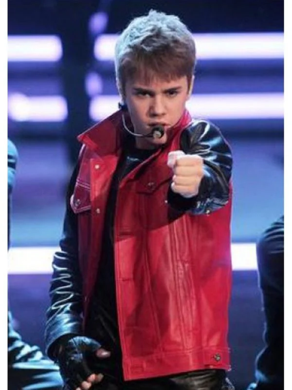 Famous Singer Justin Bieber Red and Black Leather Jacket