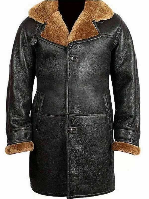 Mens Genuine Shearling Real Sheepskin Leather Winter Trench Coat