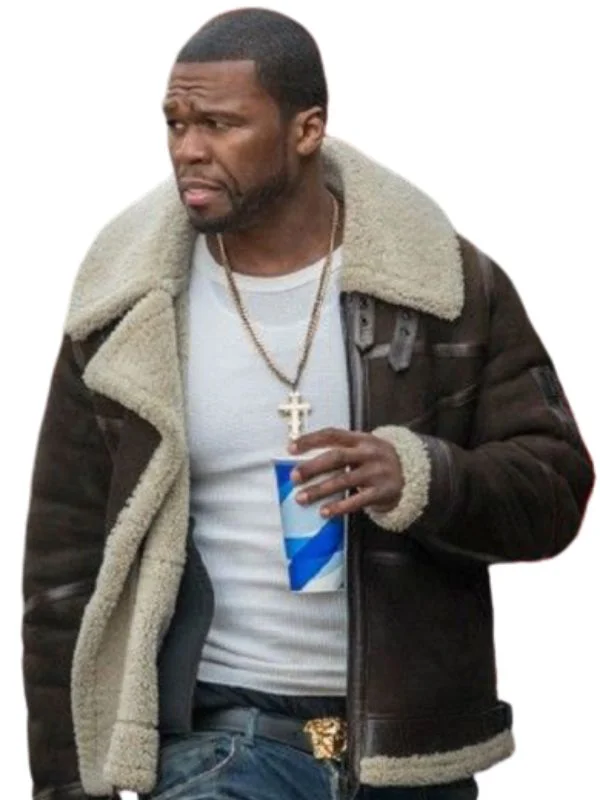  Fur Shearling Brown Suede Leather 50 Cent Bomber Jacket