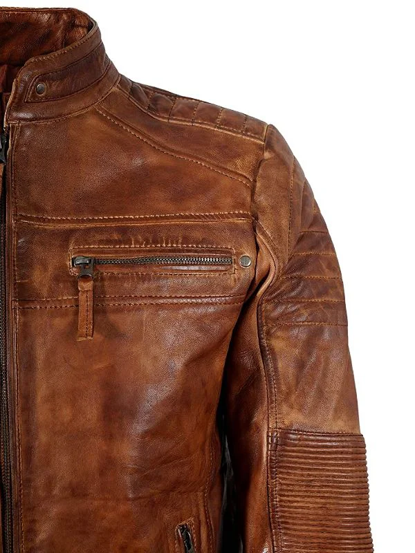 Men’s Casual Tan Buff Leather Cafe Racer Biker Jacket 