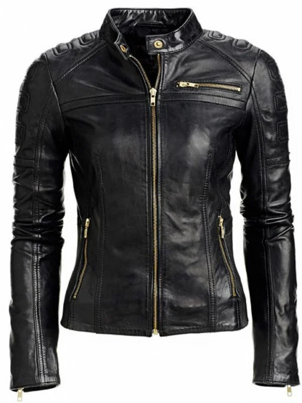 Women s Black Cafe Racer Genuine Leather Motorcycle Slim Fit Rave Biker Jacket