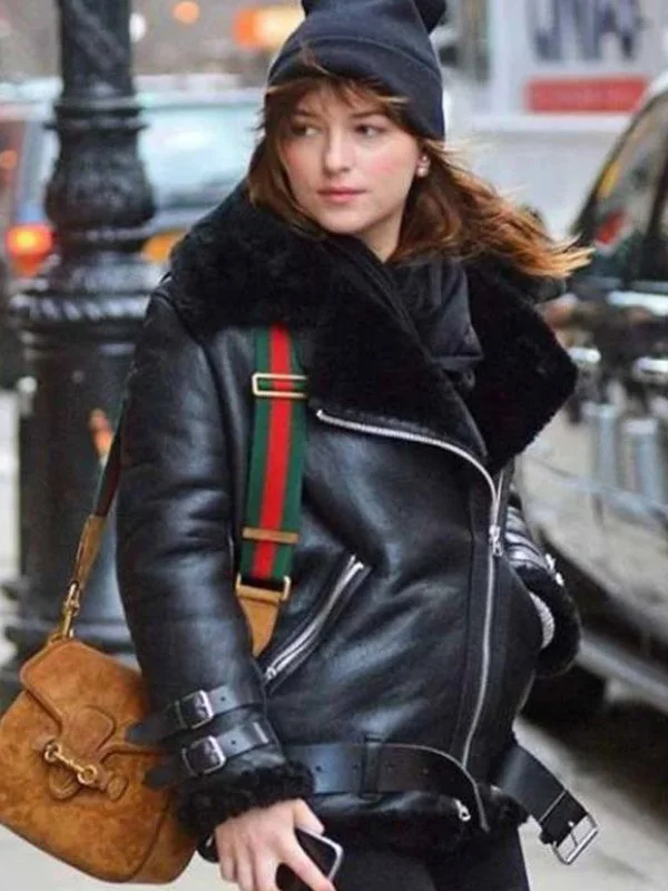 Dakota Johnson Shearling Black Leather Coat