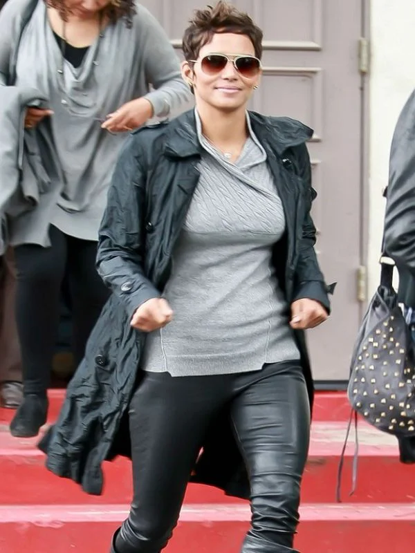 Black Leather Halle Berry Trench Coat