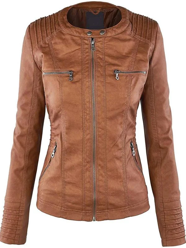 Cafe Racer Womens Removable Hood Brown Leather Jacket