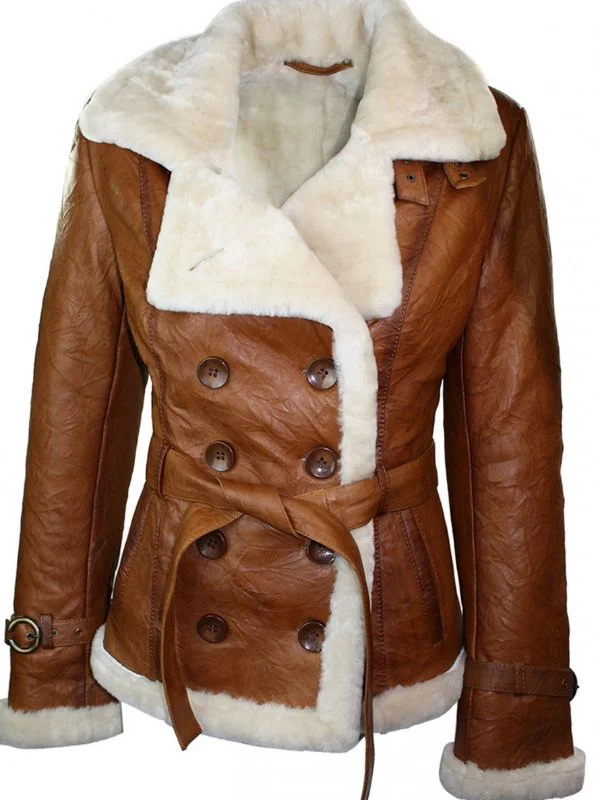 Womens Shearling Sheepskin Double Breasted Tan Brown Jacket