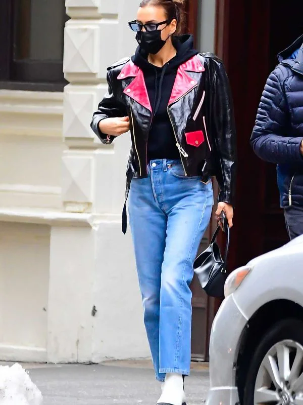 Irina Shayk  red and black leather jacket