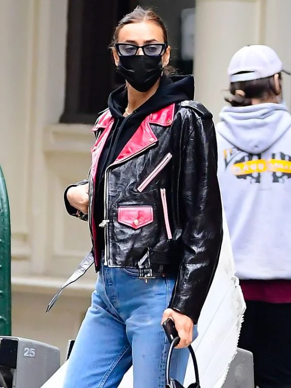 Irina Shayk  red and black leather jacket