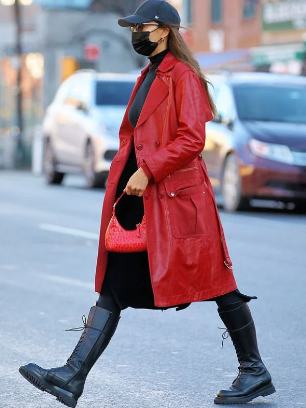 Irina with Red streed style Leather Coat