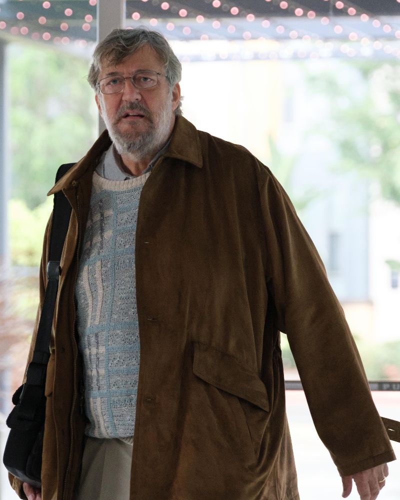 Shop Stephen Fry The Dropout (2022) Brown Wool Coat - Buy Stephen Fry The Dropout Coat  