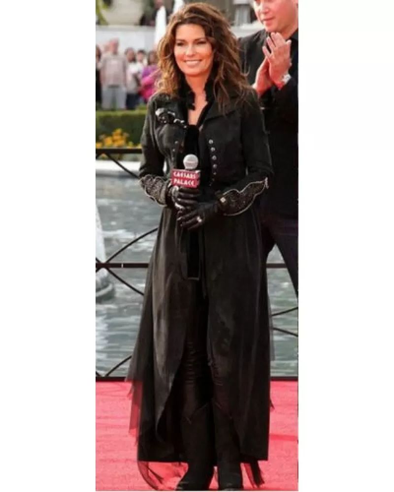Shania Twain Black Long Leather Trench Coat 