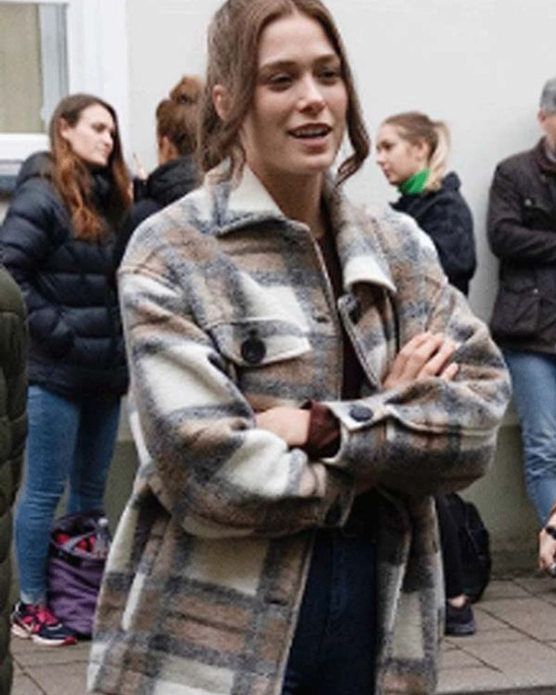 Rose Reid Surprised By Oxford 2023 Caro Drake Grey Plaid Wool Coat