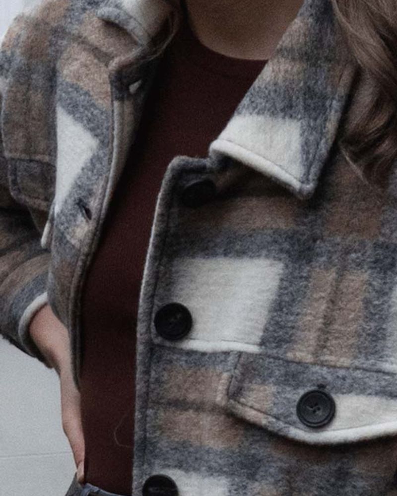 Rose Reid Surprised By Oxford 2023 Caro Drake Grey Plaid Wool Coat