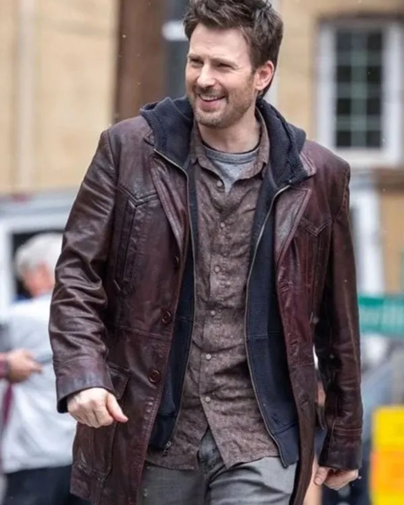 Chris Evans Red One Brown Leather Loing Coat