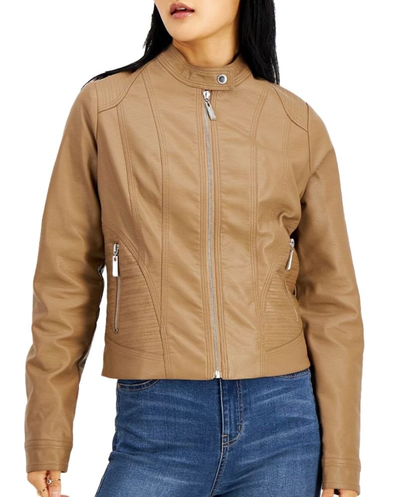 Edgy Women’s Biker Jacket in Tan Leather – Beige Moto Style