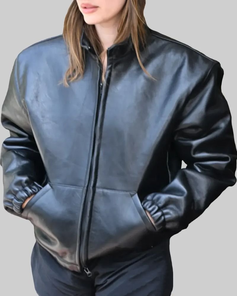 Hailey Bieber Signature Black Bomber Jacket – Stylish Street Style