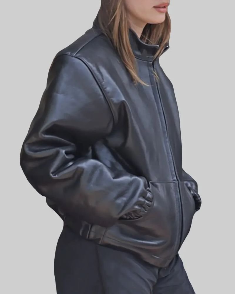 Hailey Bieber Black Bomber Jacket – Chic Women’s Casual Outerwear