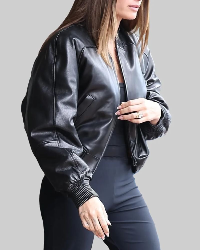 Hailey Bieber Cropped Black Leather Bomber Jacket  Trendy Women’s Streetwear