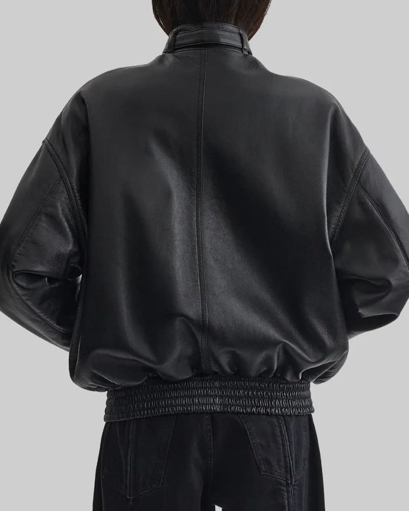 Celebrity Style Black Bomber Jacket Worn by Hailey Bieber at Disneyland