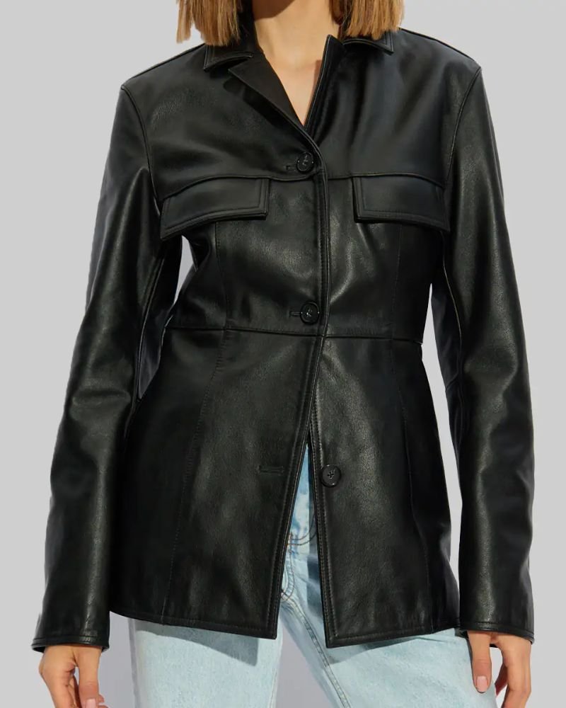 Get the Iconic Hailey Bieber Black Leather Blazer  Stylish Outerwear