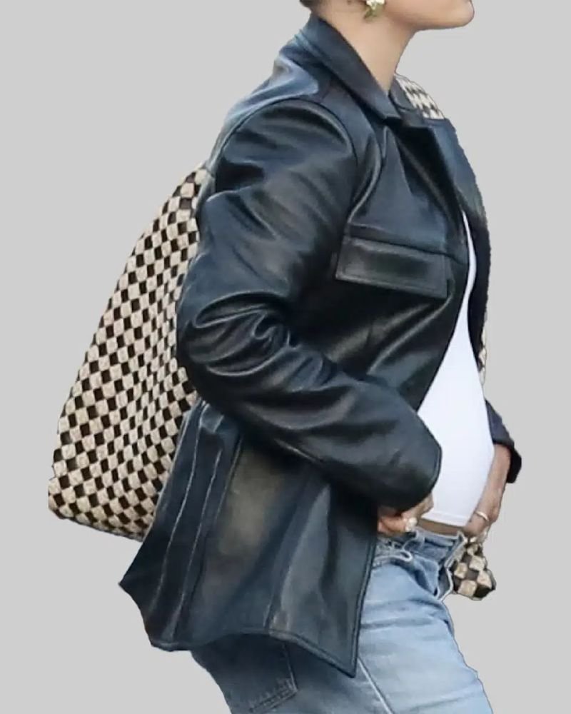 Hailey Bieber Black Leather Blazer Chic Celebrity Inspired Look