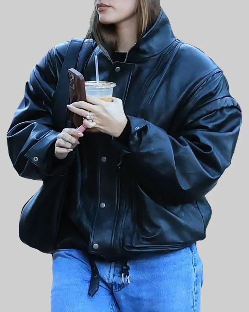 Get the Iconic Hailey Bieber Black Leather Bomber Jacket  Fashion Forward