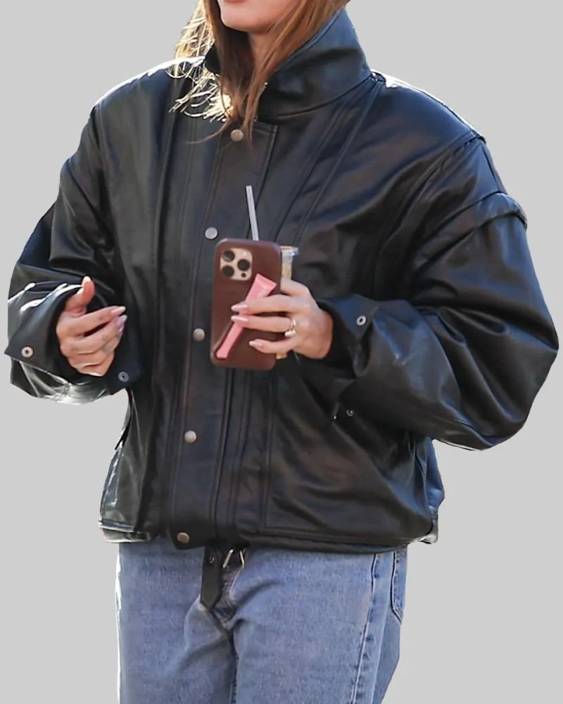 Buy Hailey Bieber Black Leather Bomber Jacket  Trendy Celebrity Style