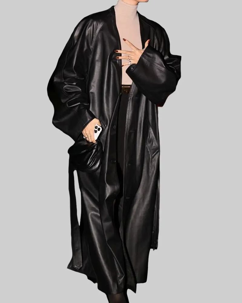 Hailey Bieber Black Leather Trench Coat  Timeless Wardrobe Essential