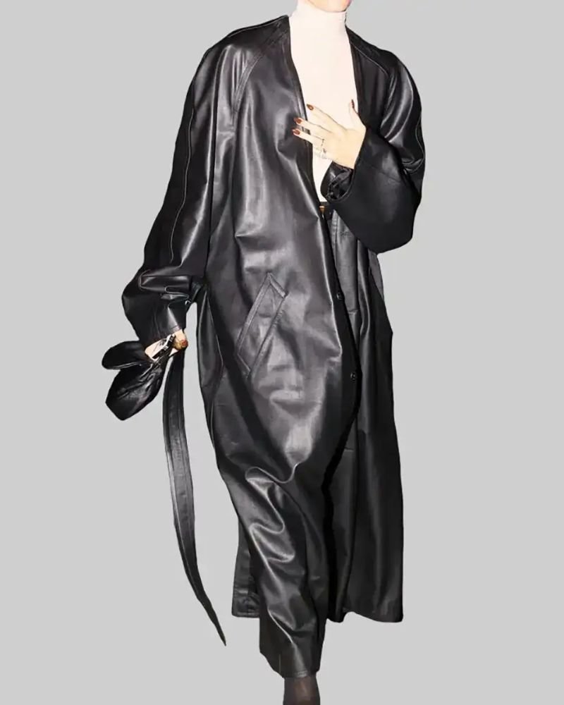 Chic Hailey Bieber Black Leather Trench Coat for Women