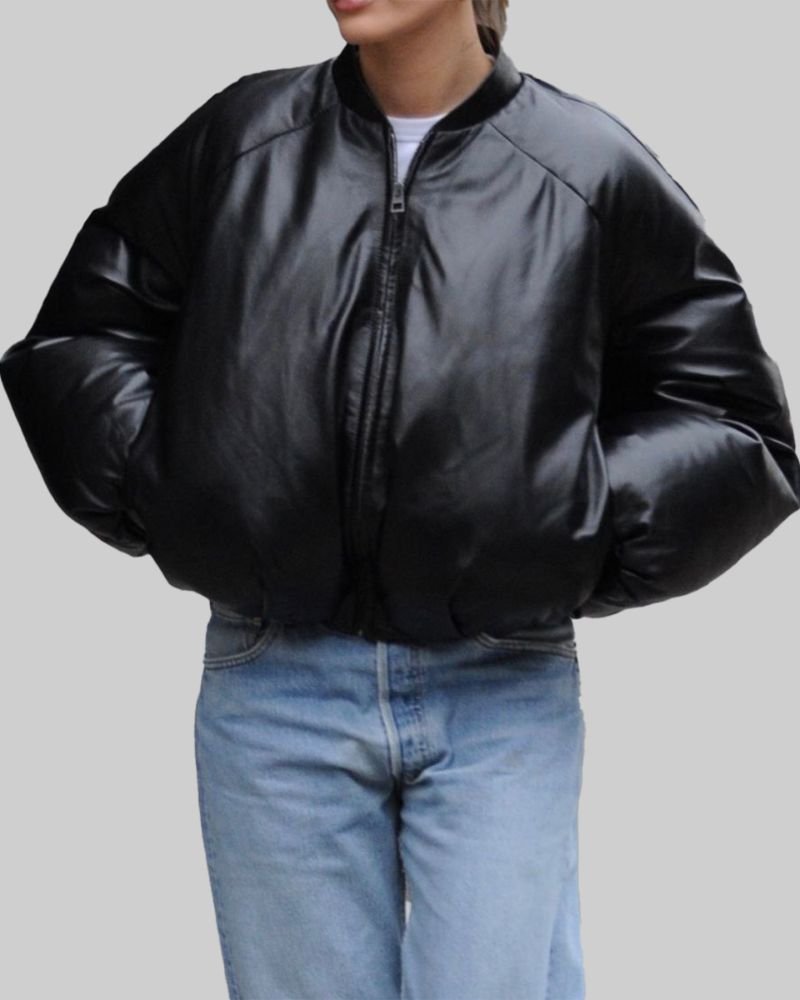 Hailey Bieber Black Puffer Jacket  Elegant Women’s Cold Weather Fashion