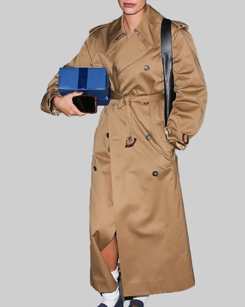 Hailey Bieber Brown Cotton Trench Coat  Iconic Celebrity Style