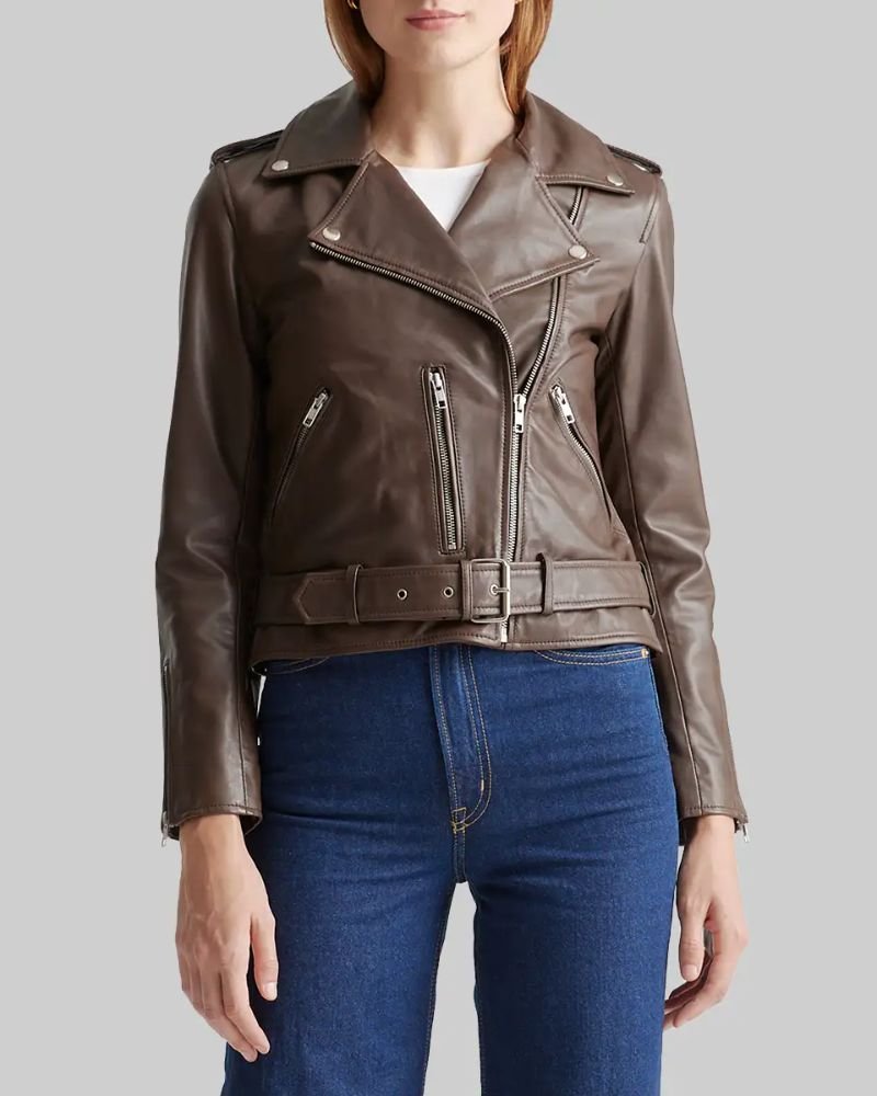 Hailey Bieber Signature Brown Leather Biker Jacket  Fashion Must-Have