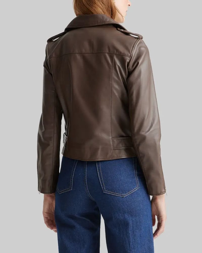Hailey Bieber Brown Leather Biker Jacket  Iconic Celebrity Streetwear
