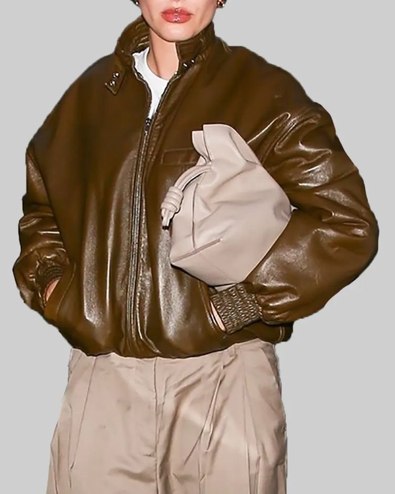 Hailey Bieber Inspired Brown Leather Bomber Jacket  Trendy Outerwear