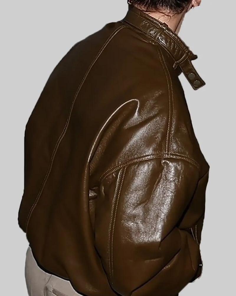 Hailey Bieber Signature Brown Leather Bomber Jacket