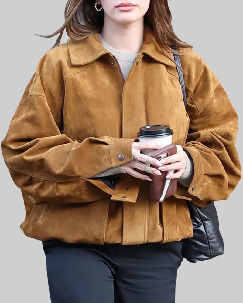 Hailey Bieber Inspired Brown Suede Bomber Jacket  Chic Women’s Look