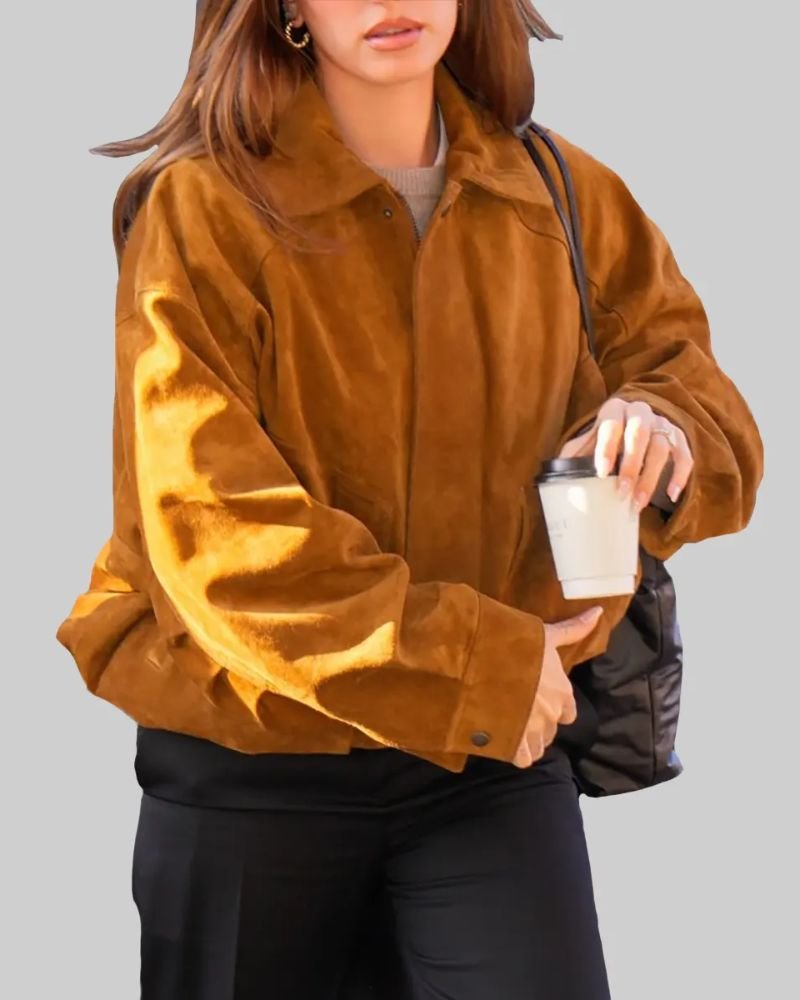 Get the Iconic Hailey Bieber Brown Suede Bomber Jacket  Trendy Outerwear
