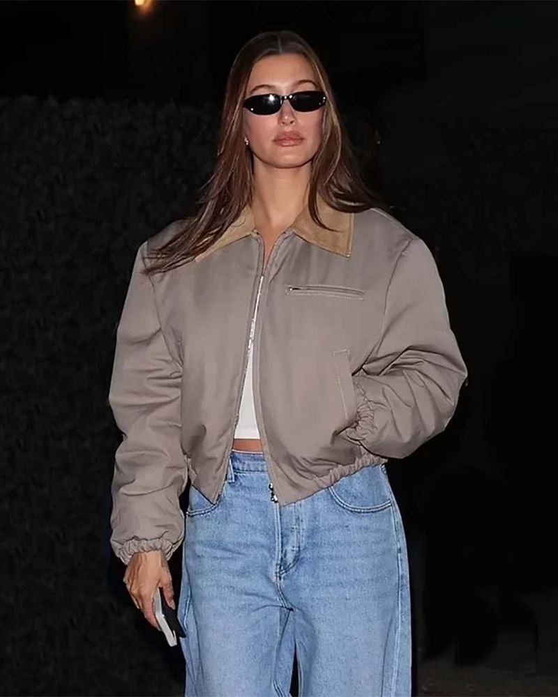 Hailey Bieber Signature Cropped Bomber Jacket  Trendy Casual Wear