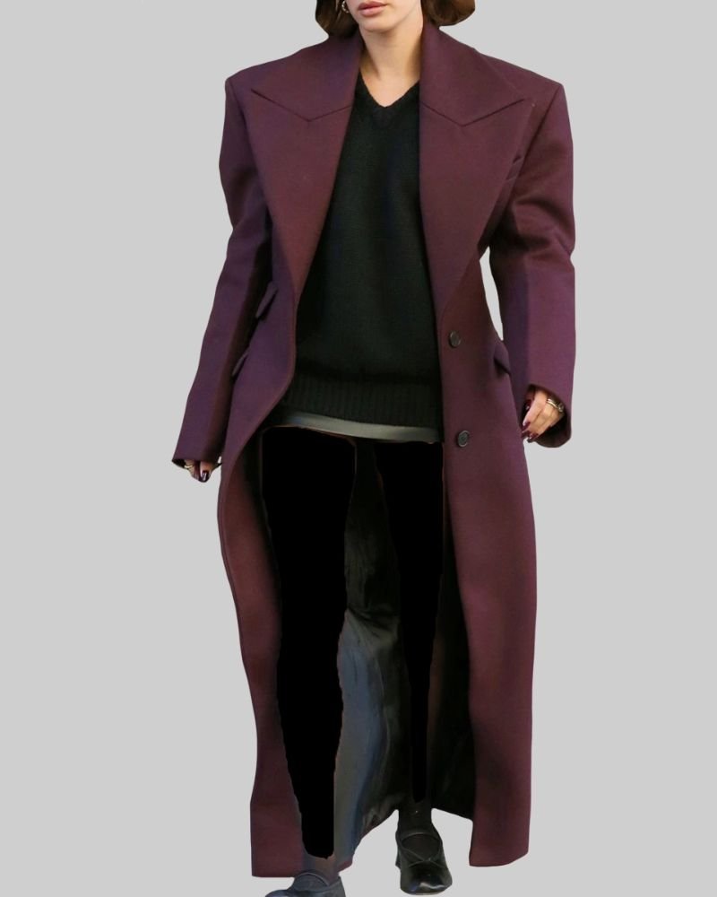 Shop Hailey Bieber Burgundy Trench Coat  Stylish Celebrity Outfit