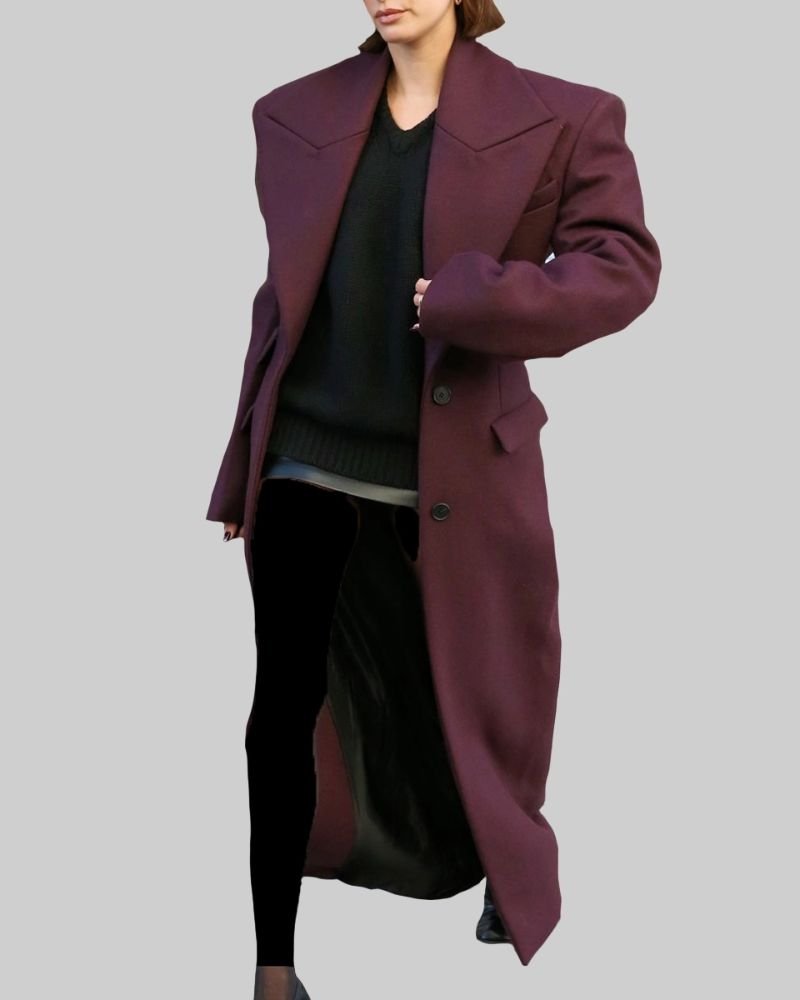 Get the Chic Hailey Bieber Burgundy Trench Coat  Trendy Women’s Outerwear