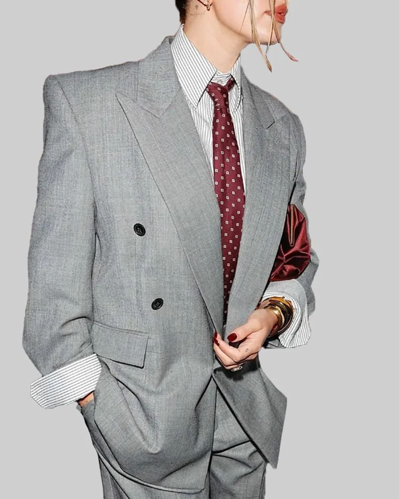 Celebrity Office Chic Hailey Bieber Double Breasted Grey Blazer