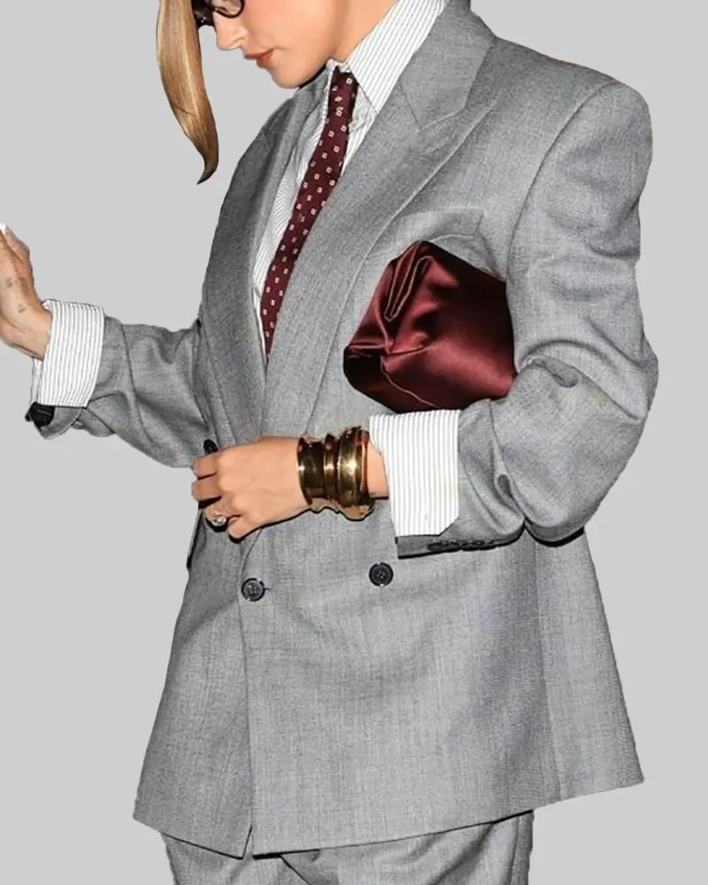 Minimalist Elegance  Hailey Bieber Grey Double Breasted Blazer