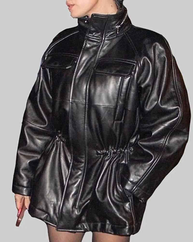 Trend Alert 2025 Hailey Bieber Inspired Drawstring Black Leather Jacket