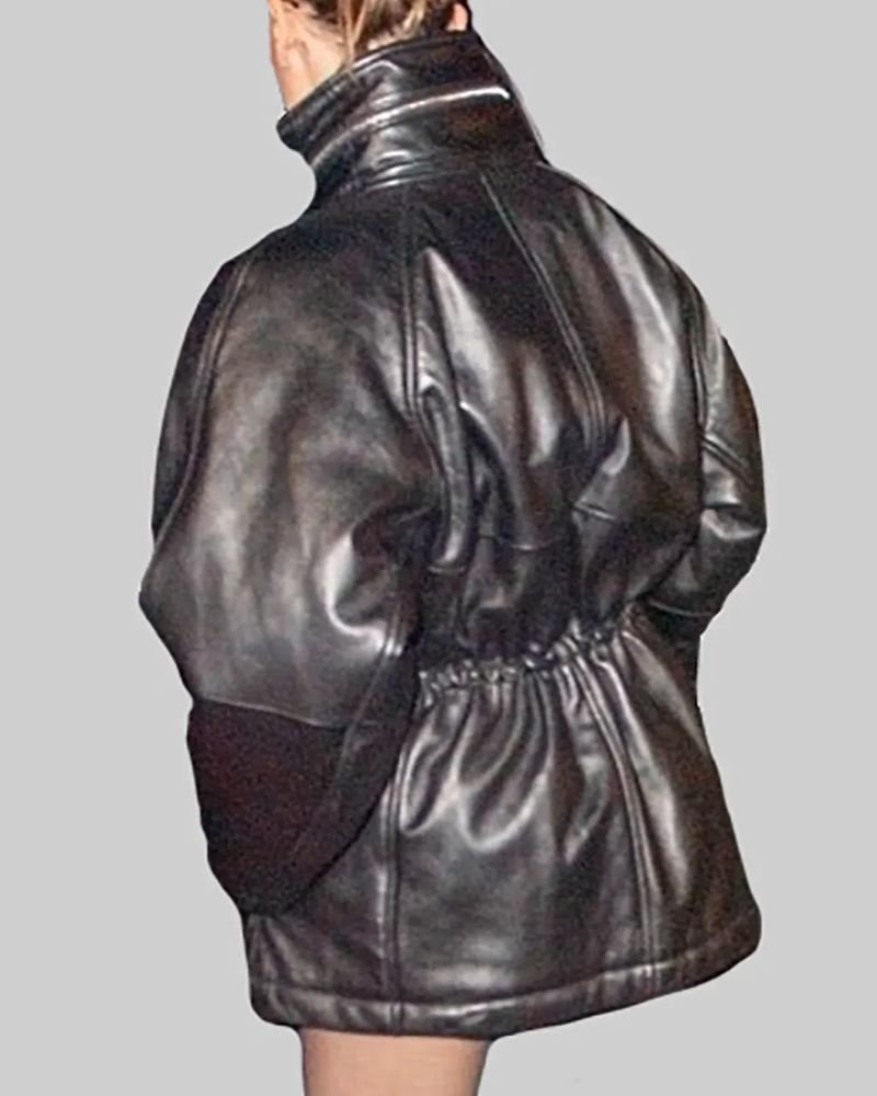 Signature Street Chic Hailey Bieber Black Leather Jacket with Drawstring