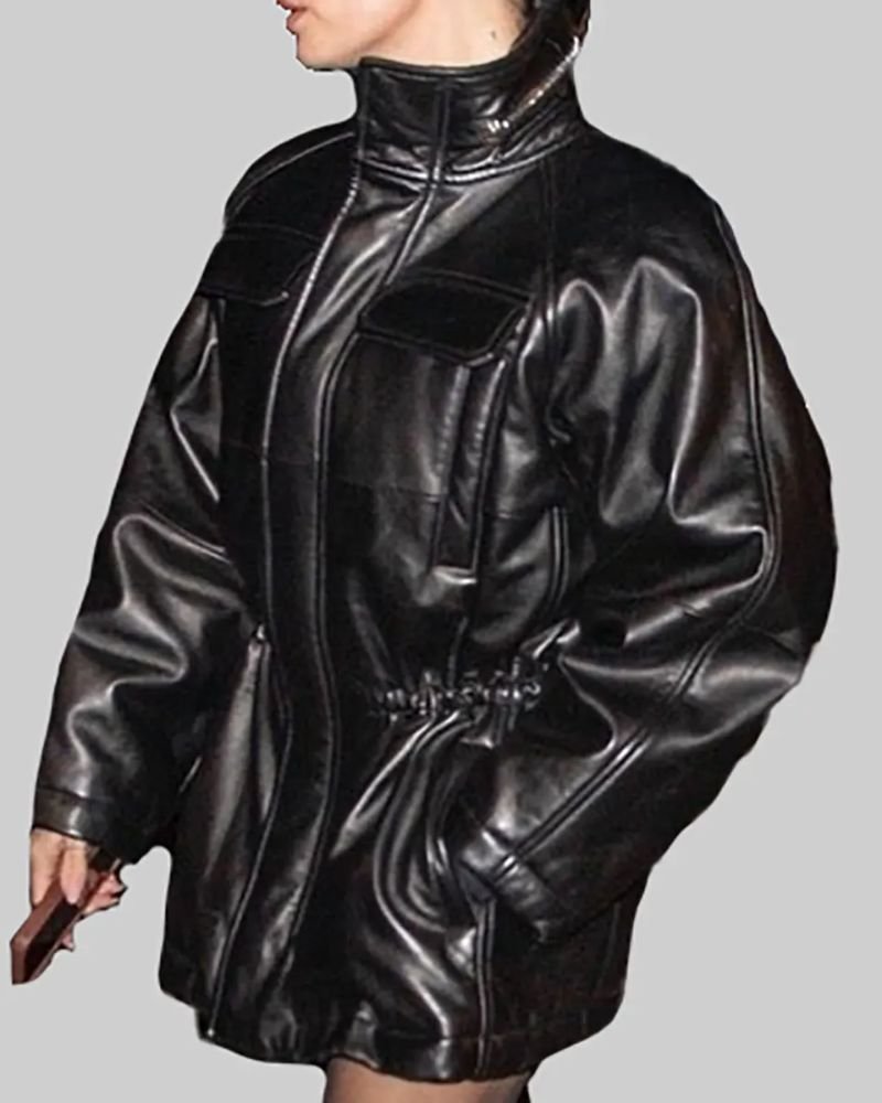 Hailey Bieber Drawstring Black Leather Jacket  Modern Celebrity Streetwear
