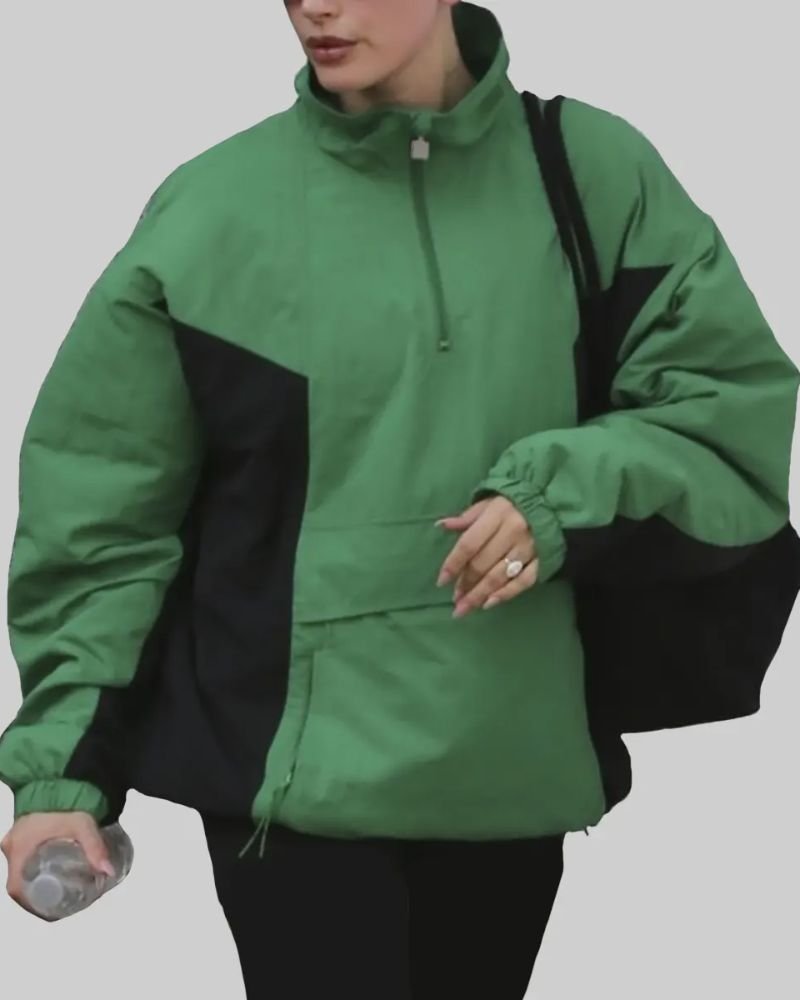 Sporty Chic: Hailey Bieber Green and Black Cotton Bomber Jacket