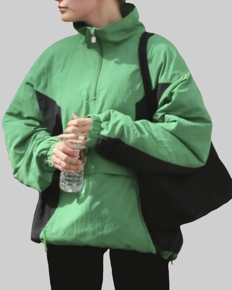 Hailey Bieber Green & Black Cotton Bomber Jacket  Celebrity Street Vibes